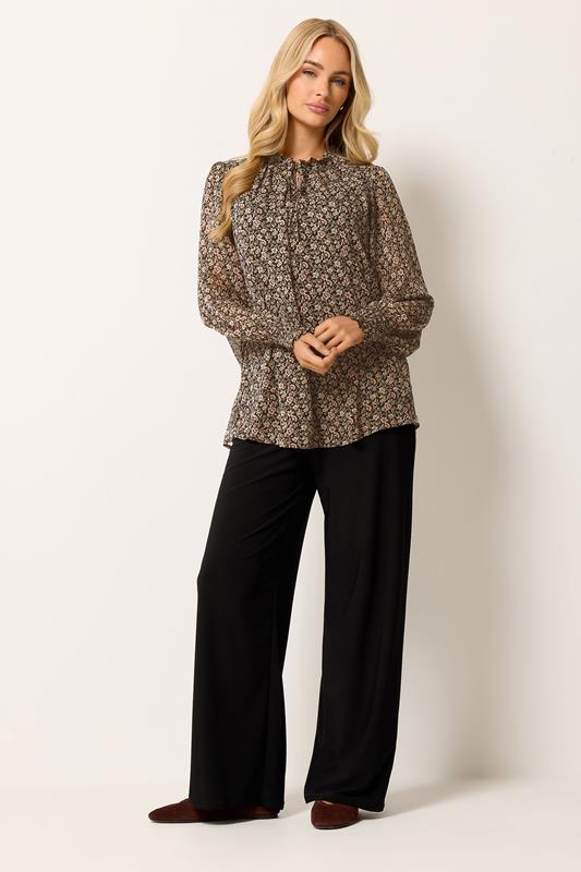M&Co Brown Floral Tie Neck Blouse | M&Co 1