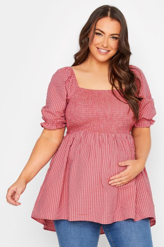 Plus Size  BUMP IT UP MATERNITY Curve Pink Stripe Shirred Square Neck Top
