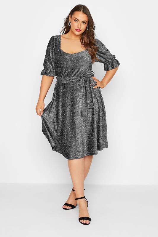 YOURS LONDON Plus Size Silver Glitter Puff Sleeve Midi Dress | Yours Clothing 3
