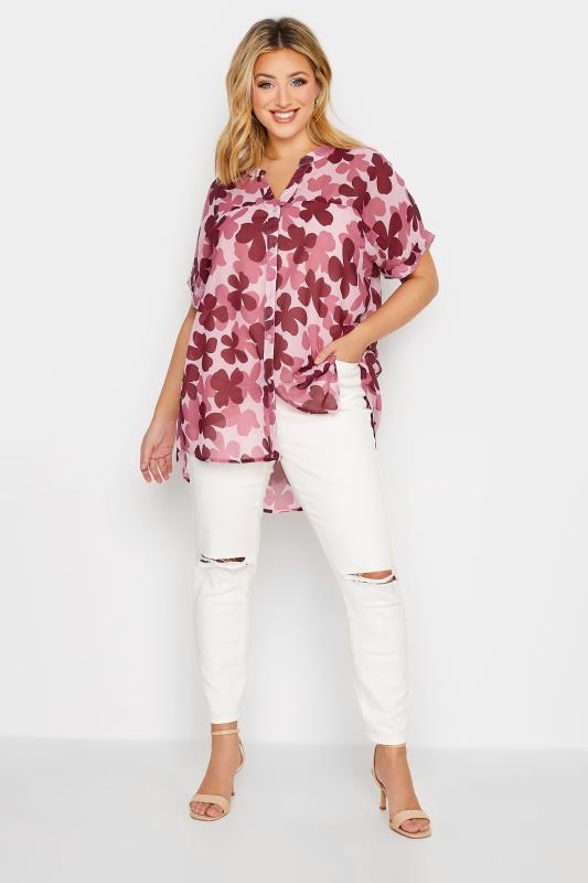 Plus Size Pink Floral Print Chiffon Grown On Sleeve Shirt | Yours Clothing 2