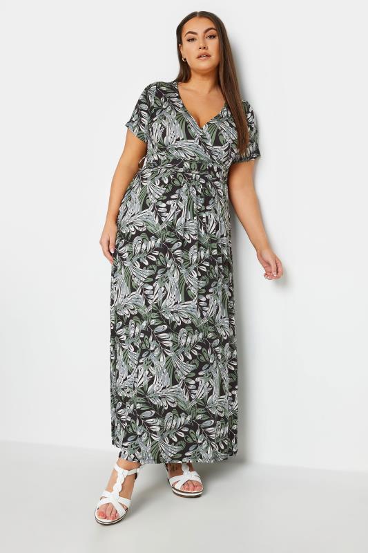 YOURS Curve Black & Green Leaf Print Wrap Maxi Dress | Yours Clothing 1