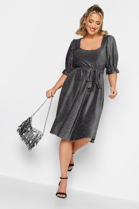 YOURS LONDON Plus Size Silver Glitter Puff Sleeve Midi Dress | Yours Clothing 1