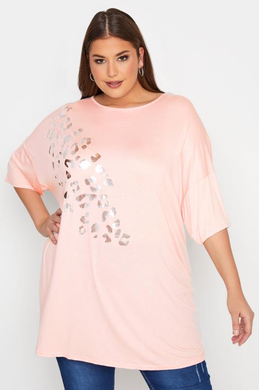 Plus Size LIMITED COLLECTION Pink Foil Leopard Print Oversized T-Shirt | Yours Clothing  1