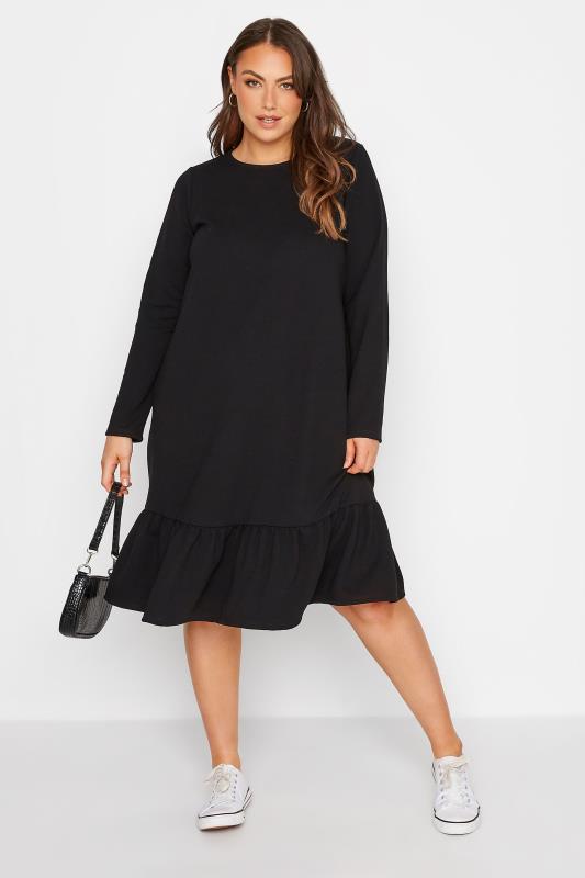 Plus Size Black Back Tie Frill Dress | Yours Clothing 1
