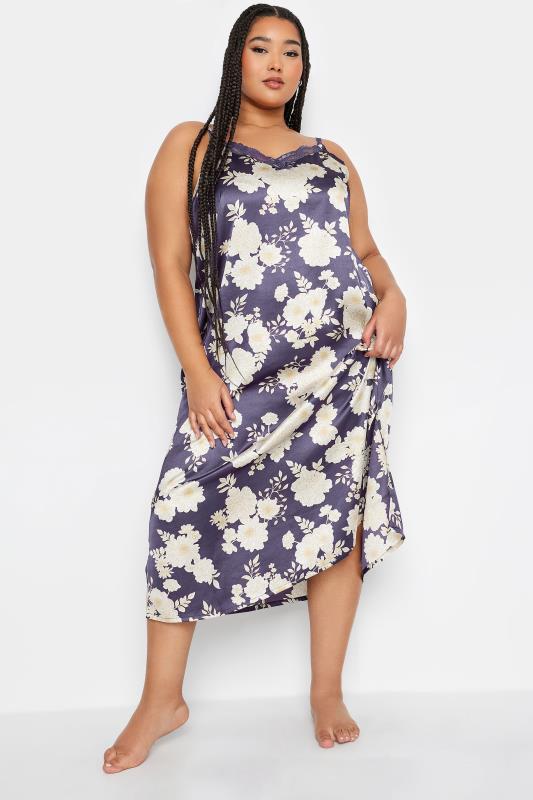 YOURS Plus Size Purple Floral Print Satin Chemise | Yours Clothing 1