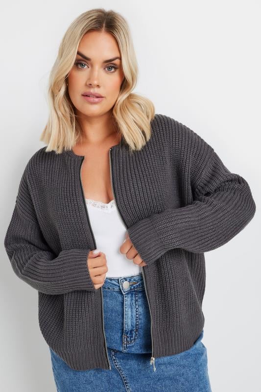 YOURS Plus Size Charcoal Grey Knitted Bomber Cardigan | Yours Clothing  2