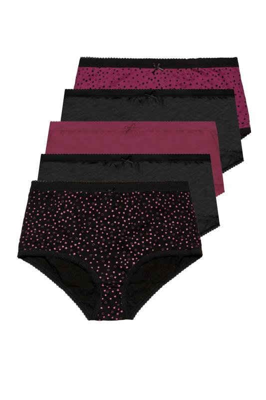 5 PACK Plus Size Black & Dark Pink Mini Heart Print High Waisted Full Briefs | Yours Clothing 2