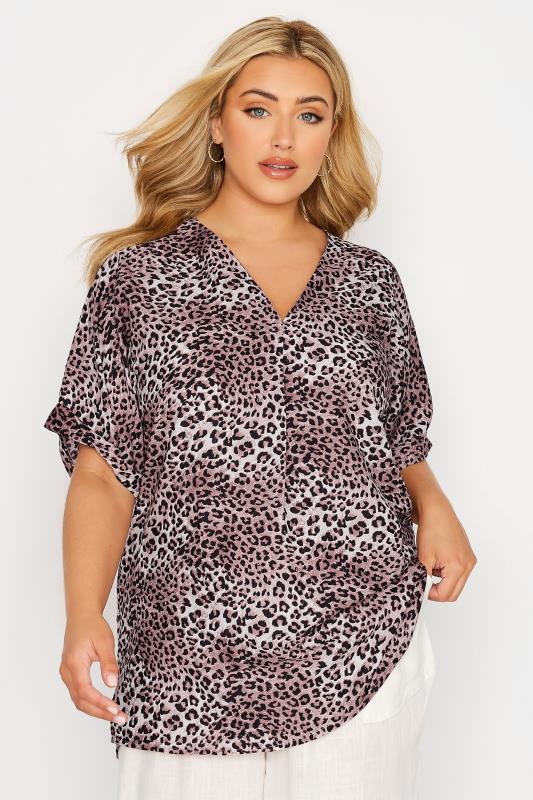 Plus Size Purple Leopard Print Pleat Front V-Neck Top | Yours Clothing 1