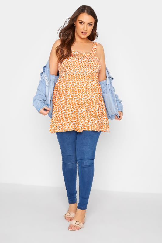 Orange Floral Shirred Smock Vest Top | Yours Clothing