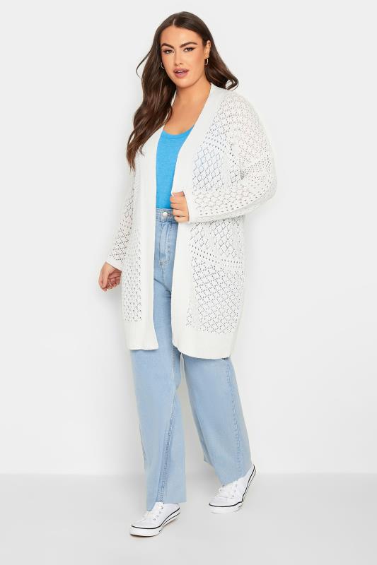 YOURS Plus Size White Pointelle Longline Cardigan | Yours Clothing 2