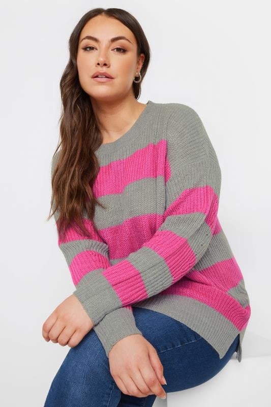 YOURS Plus Size Grey & Pink Stripe Knitted Jumper | Yours Clothing 5