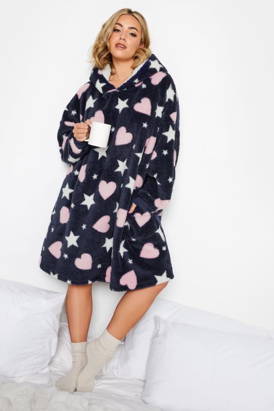 YOURS Plus Size Dark Blue Heart Print Snuggle Hoodie | Yours Clothing 1