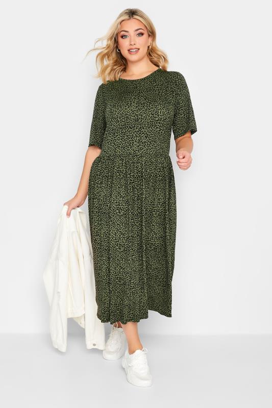 YOURS Plus Size Green Leopard Print Midi Smock Dress | Yours Clothing 1