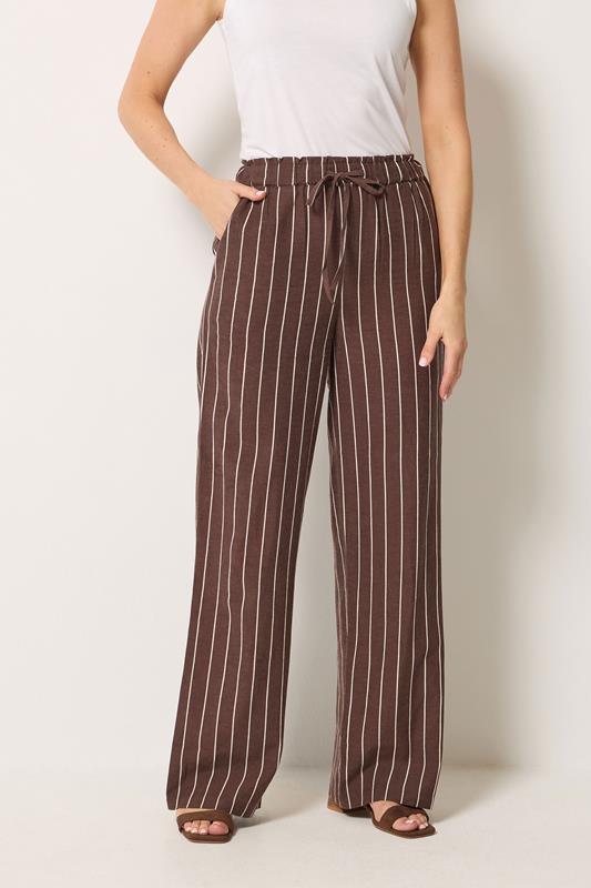 LTS Tall Women's Chocolate Brown Stripe Linen Wide Leg Trousers | Long Tall Sally 1