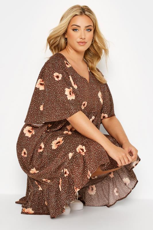 Plus Size Brown Floral Flare Sleeve Midi Dress | Yours Clothing 4