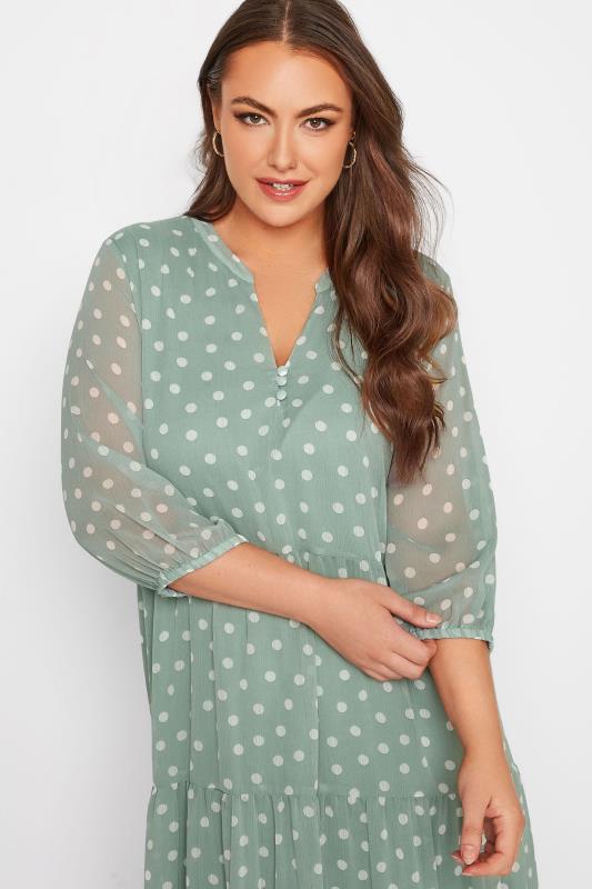 Curve Sage Green Polka Dot Tiered Dress | Yours Clothing 4