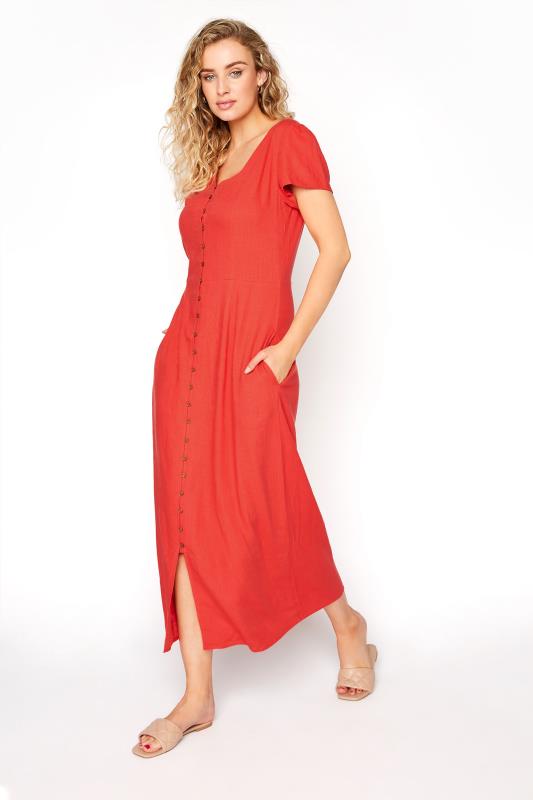 LTS Tall Red Linen Button Front Midi Dress 2