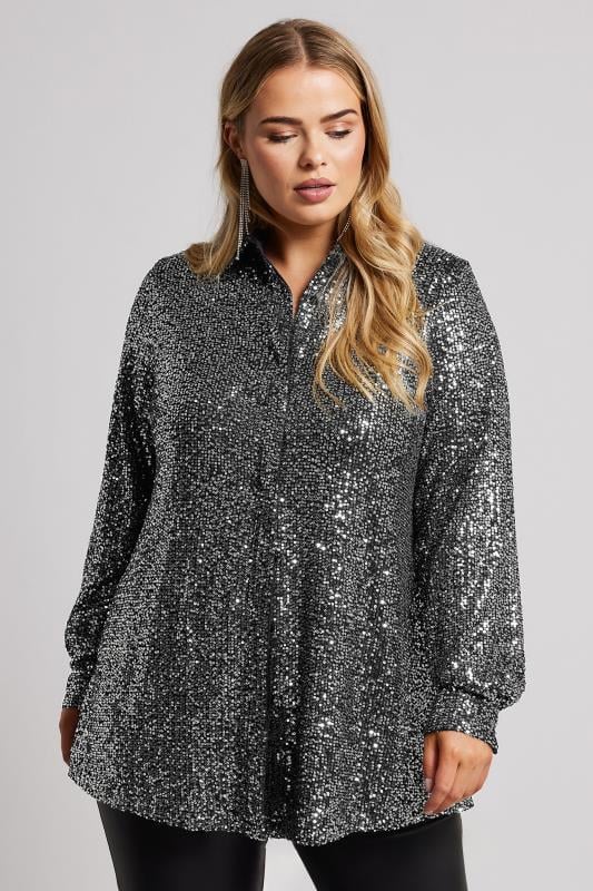  Grande Taille YOURS LONDON Curve Silver Sequin Shirt