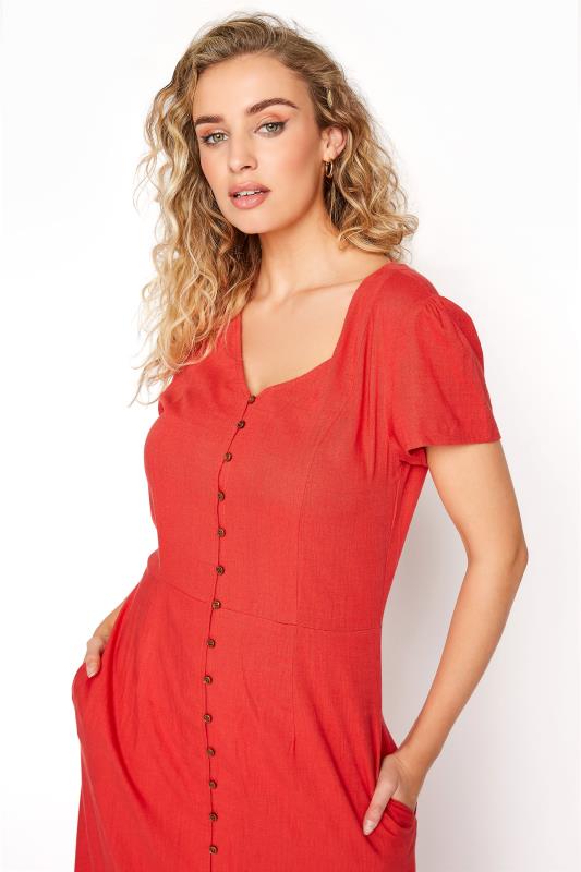 LTS Tall Red Linen Button Front Midi Dress 4