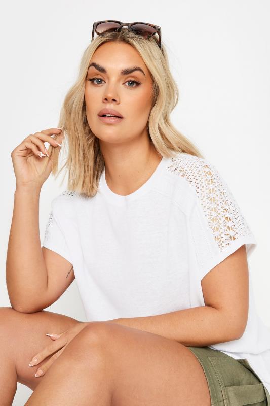 YOURS Plus Size White Crochet Detail Linen T-Shirt | Yours Clothing 4