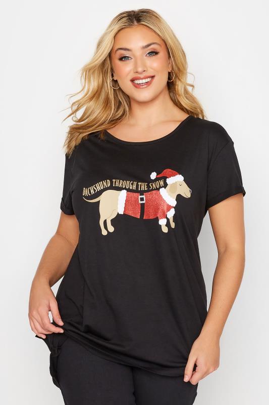 Plus Size Black 'Dachshund Through The Snow' Glitter Slogan Christmas T-Shirt | Yours Clothing 1