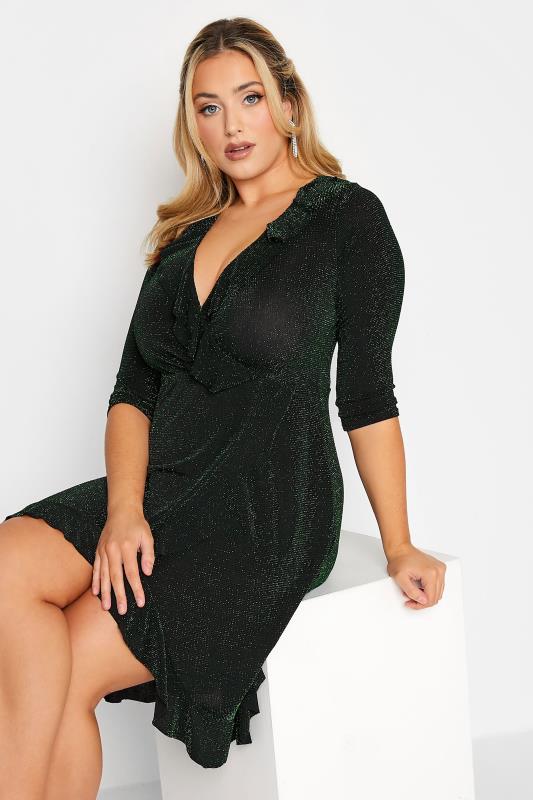 YOURS LONDON Plus Size Black & Green Glitter Ruffle Wrap Party Dress | Yours Clothing 4