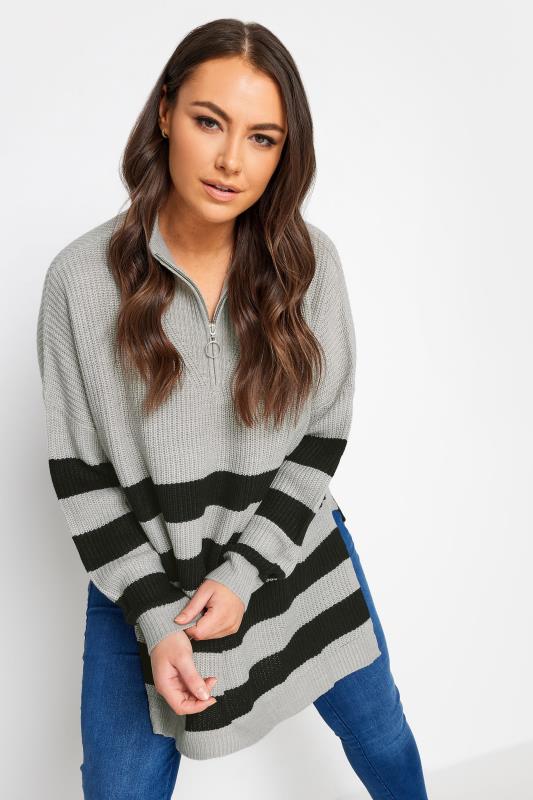YOURS Plus Size Grey Stripe Quarter Zip Jumper | Yours Clothing 5
