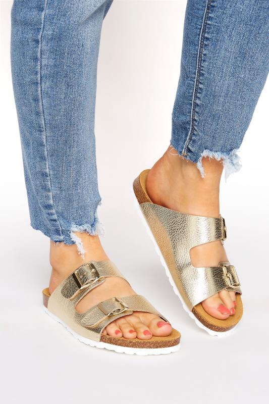 Plus Size  LTS Gold Two Buckle Footbed Sandals In Standard D Fit