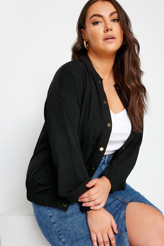 YOURS Plus Size Black Button Up Bomber Jacket | Yours Clothing 4