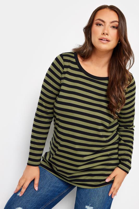YOURS Plus Size Khaki Green Stripe Top | Yours Clothing 1