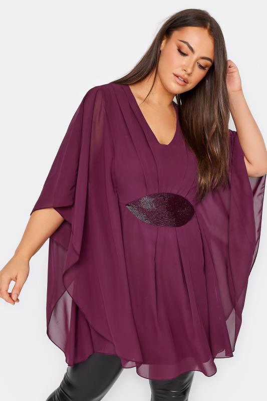 LUXE Plus Size Purple Hand Embellished Waist Cape Top | Yours Clothing 1