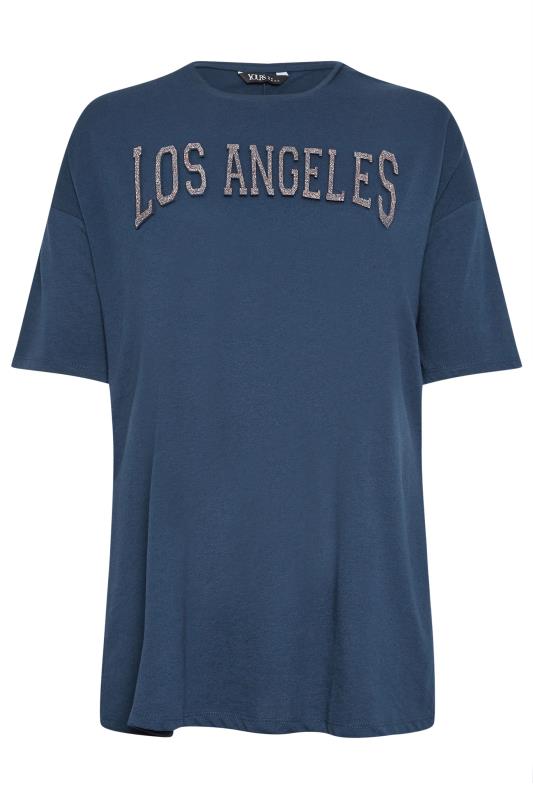 YOURS Curve Blue 'Los Angeles' Glitter Embossed T-Shirt | Yours Clothing  6
