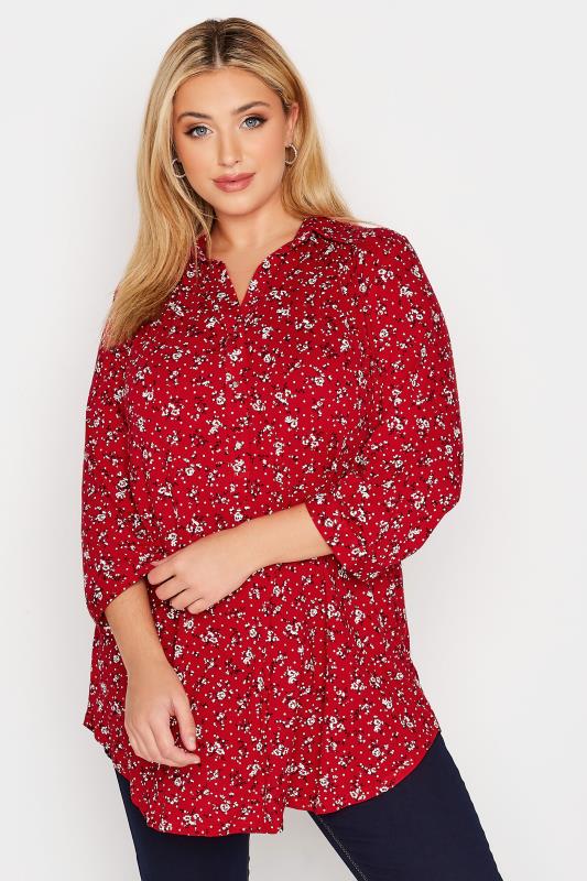 Curve Red Floral Half Placket Shirt | Yours Clothing 1