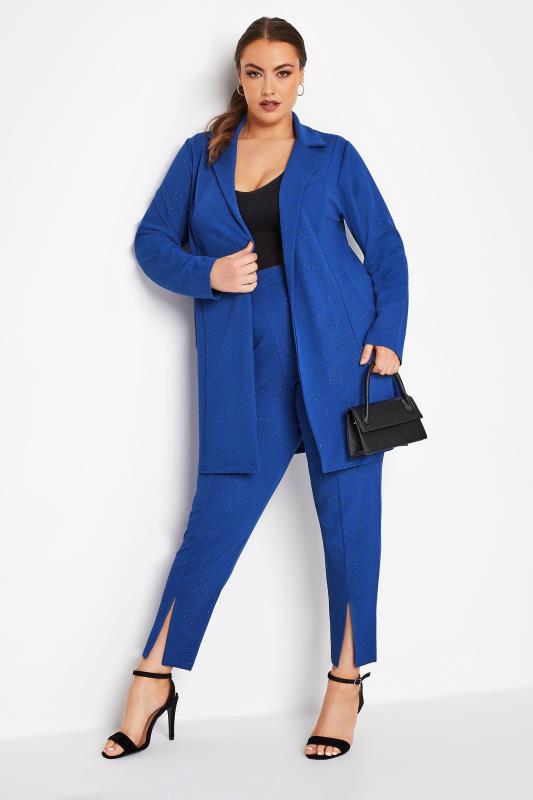 LIMITED COLLECTION Plus Size Cobalt Blue Glitter Longline Blazer | Yours Clothing 2