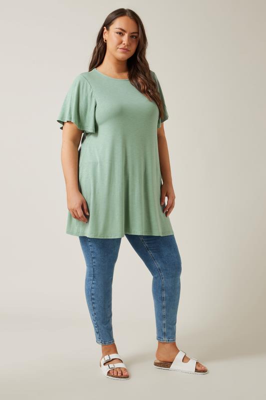 EVANS Plus Size Sage Green Angel Sleeve Top | Evans 2