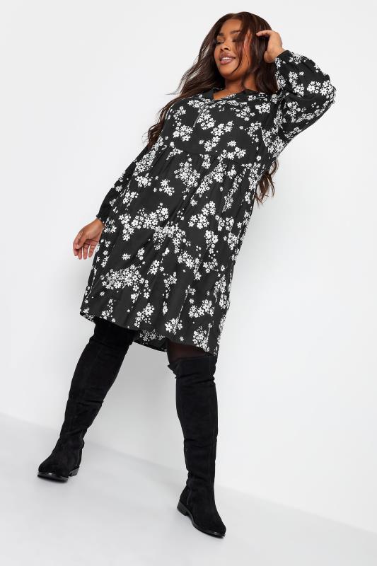 YOURS Plus Size Black Floral Print Zip Detail Smock Dress | Yours Clothing 1