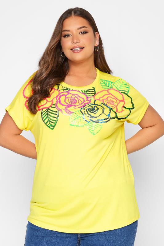 Plus Size  Curve Yellow Floral Sequin Embellished T-Shirt