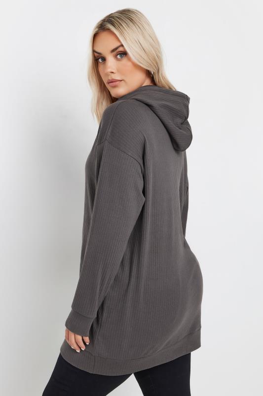 YOURS Plus Size Charcoal Grey Ribbed Hoodie | Yours Clothing  4