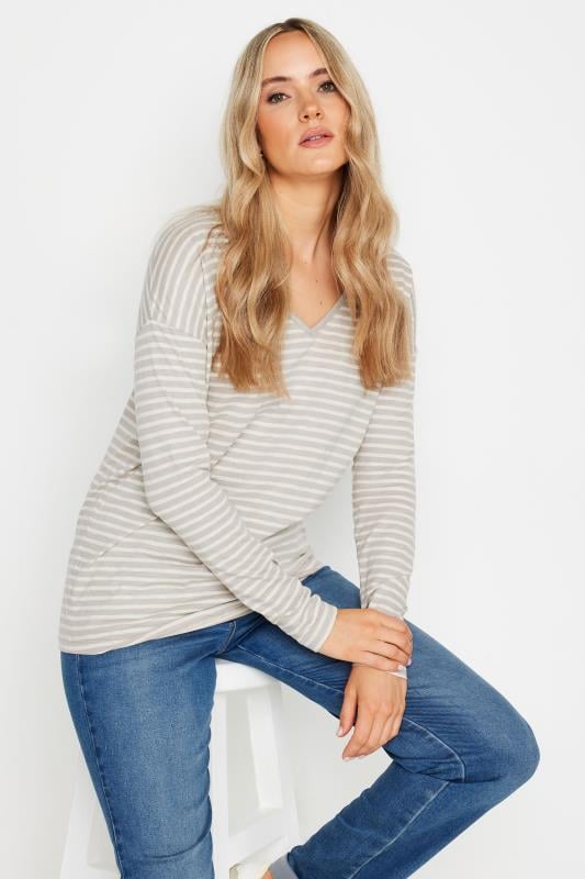 LTS Tall Women's 2 PACK Grey & Stone Brown Stripe Long Sleeve T-Shirts | Long Tall Sally 2