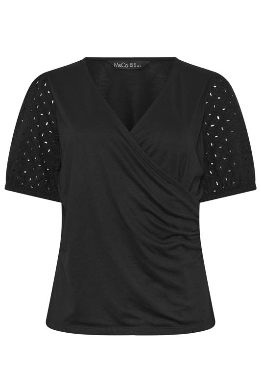 M&Co Black Broderie Sleeve Cotton Wrap Top | M&Co 5