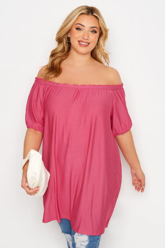 Plus Size Pink Stripe Bardot Top | Yours Clothing 1