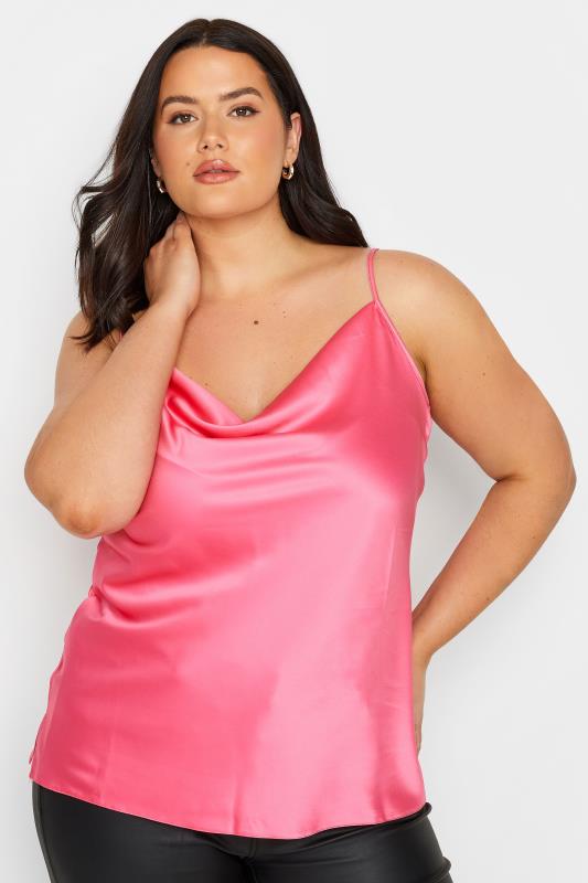  Grande Taille LTS Tall Hot Pink Cowl Neck Satin Cami Top
