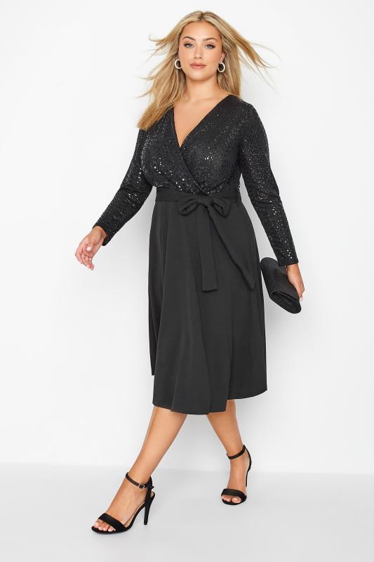 YOURS LONDON Curve Black Sequin Wrap Skater Dress | Yours Clothing 2