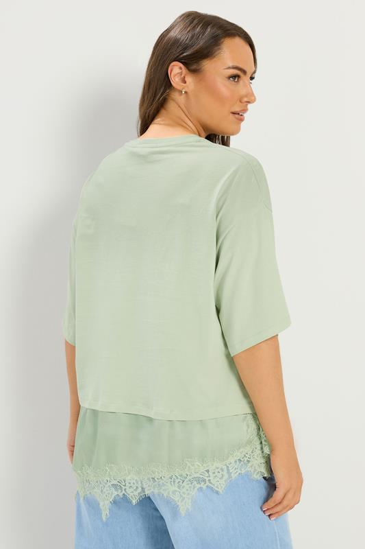 YOURS Plus Size Green Satin Lace Trim T-Shirt | Yours Clothing 2