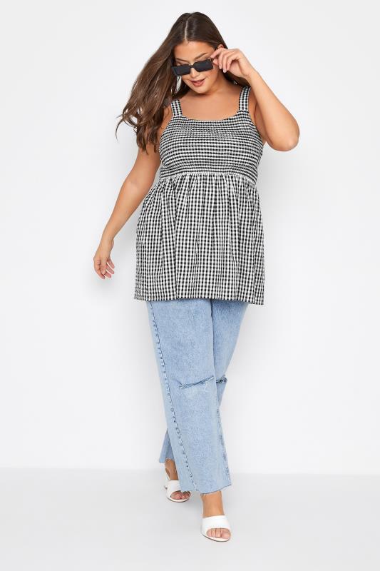 Plus Size Black Gingham Shirred Vest Top | Yours Clothing  2