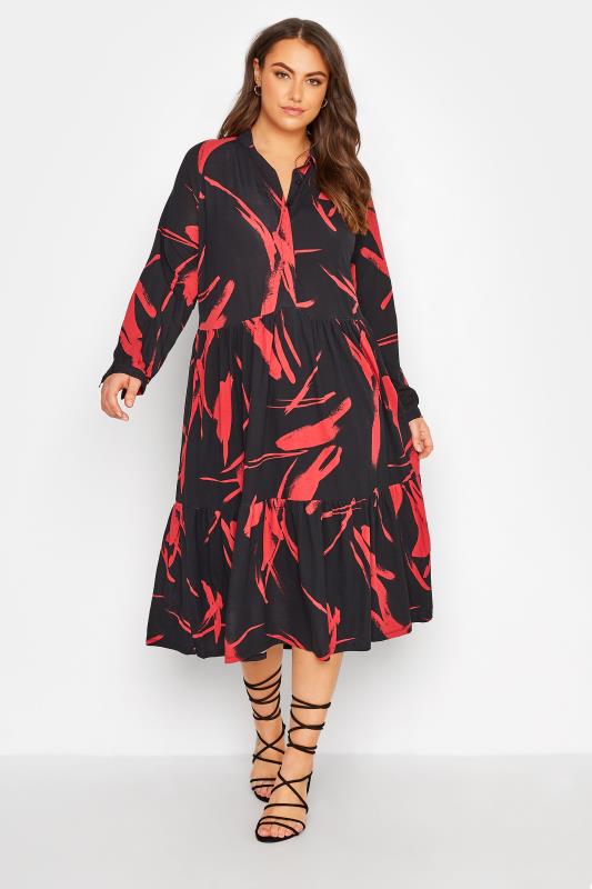 Plus Size  Curve Black Stroke Print Smock Shirt Midaxi Dress