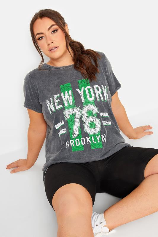 YOURS Plus Size Grey Acid Wash 'New York' Print T-Shirt | Yours Clothing 1