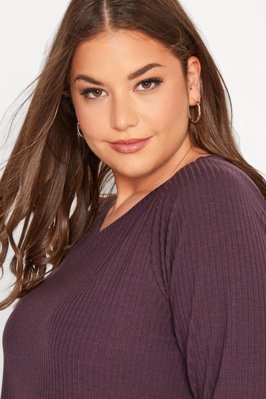 Plus Size Dark Purple Long Sleeve Ribbed Top | Yours Clothing 4