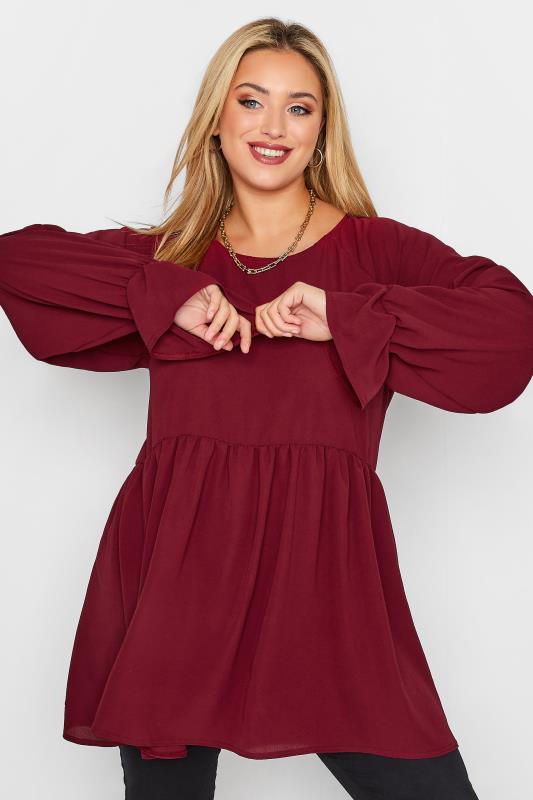 LIMITED COLLECTION Plus Size Burgundy Red Peplum Blouse | Yours Clothing 1