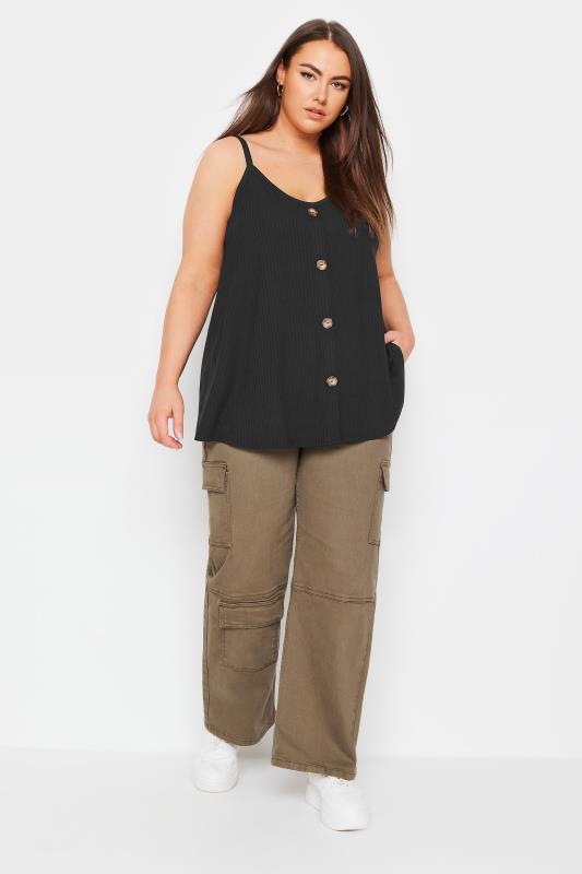 YOURS Plus Size Black Ribbed Button Front Cami Top | Yours Clothing 2